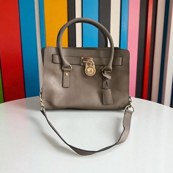 MICHAEL KORS Taupe Saffiano Leather East West Medium Satchel Handbag - Picture 1 of 14